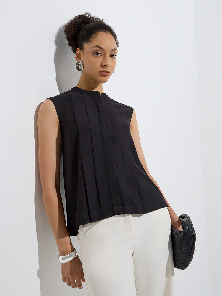 westisde Wardrobe Women's Black Pintuck Detailed Top for Work Wear Front View
