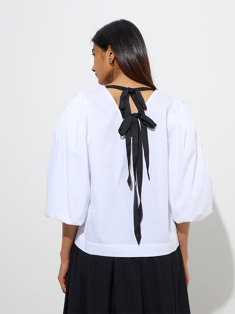 Buy Wardrobe White Bow-Detailed Cotton Top from Westside
