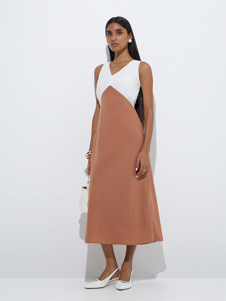 westisde Wardrobe Women's Brown Colour-Blocked A-Line Dress for Work Wear Full Model View