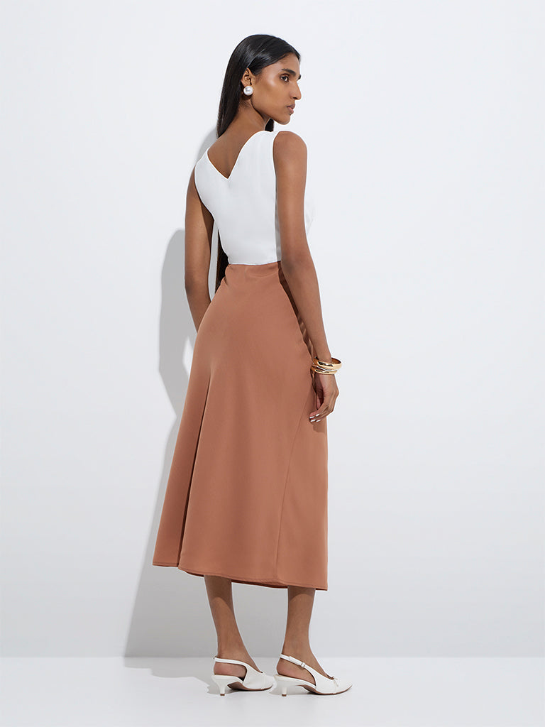 westisde Wardrobe Women's Brown Colour-Blocked A-Line Dress for Work Wear Back View