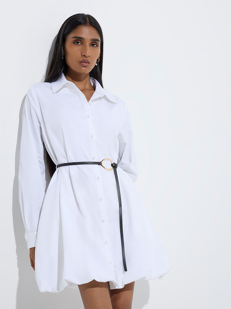 Wardrobe White Solid Cotton Shirt Dress with Belt