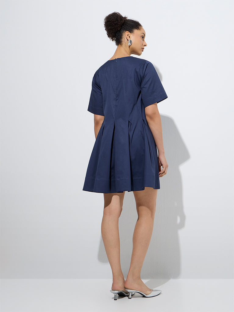 westisde Wardrobe Women's Navy Solid Cotton A-Line Dress for Work Wear Back View