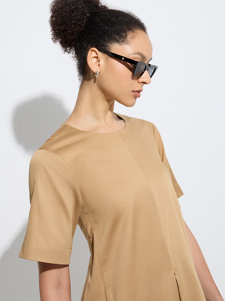 westisde Wardrobe Women's Beige Solid Cotton A-Line Dress for Work Wear Zoom View