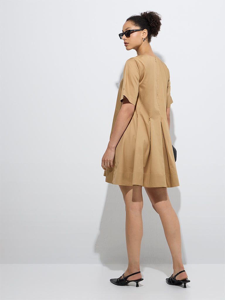 westisde Wardrobe Women's Beige Solid Cotton A-Line Dress for Work Wear Back View