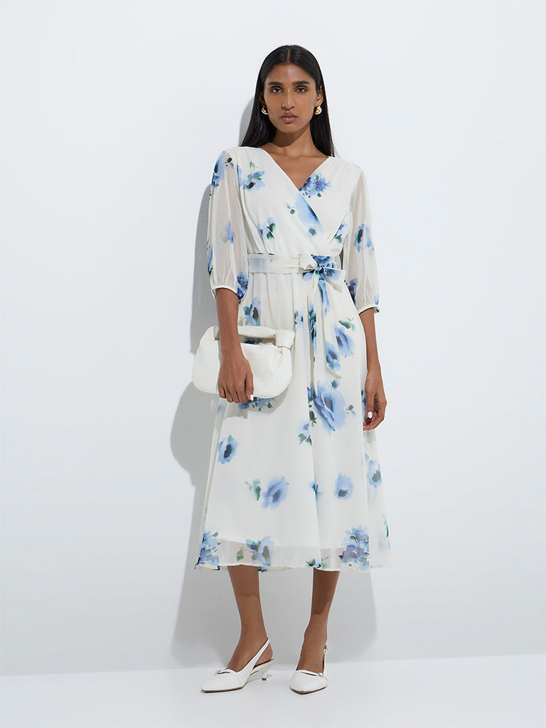 Wardrobe Ivory Floral Design A-Line Dress with Belt