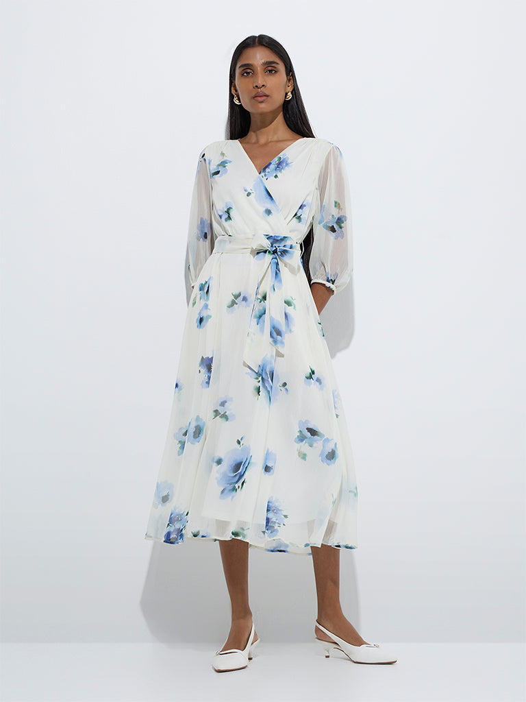 Wardrobe Ivory Floral Design A-Line Dress with Belt