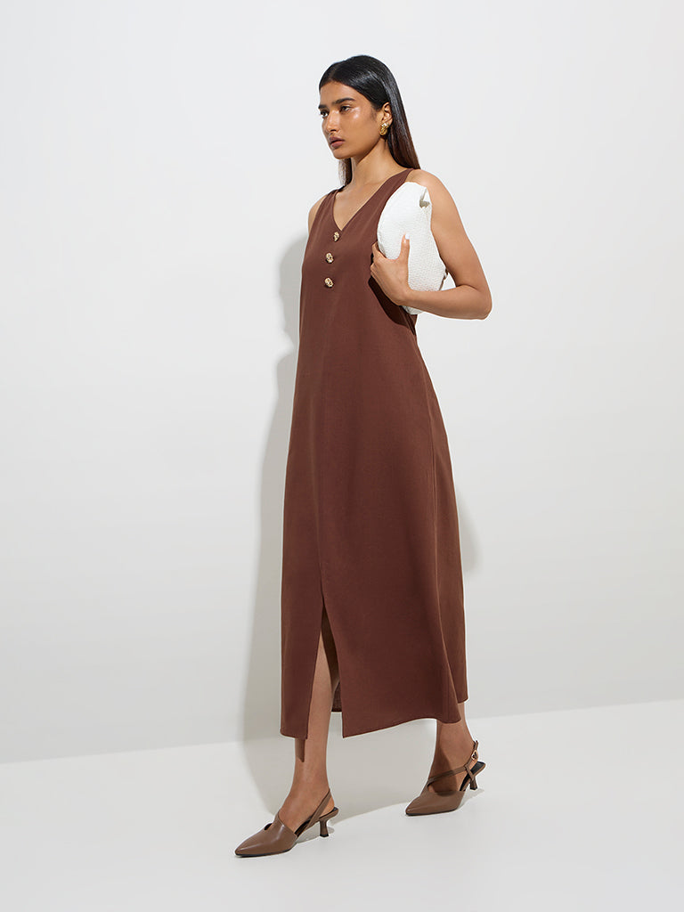 westisde Wardrobe Women's Brown Solid A-Line Dress for Work Wear Front View