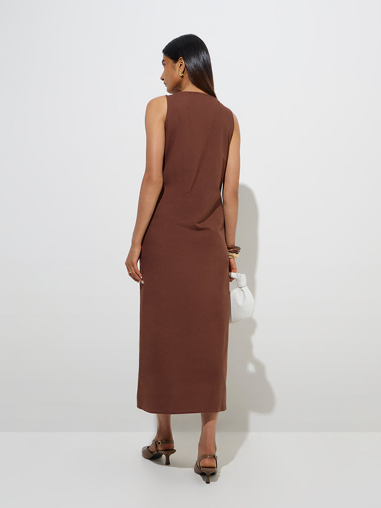westisde Wardrobe Women's Brown Solid A-Line Dress for Work Wear Back View