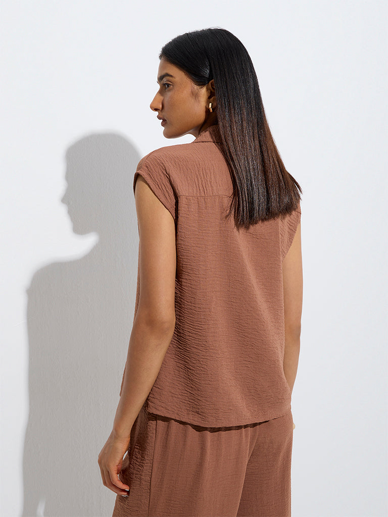 westisde Wardrobe Women's Brown Crinkle-Textured Jacket for Work Wear Back View