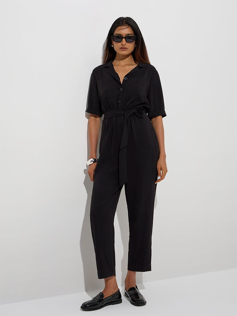 Wardrobe Black Solid Jumpsuit with Belt