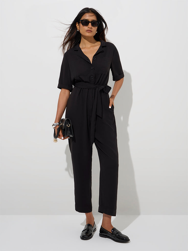 Wardrobe Black Solid Jumpsuit with Belt