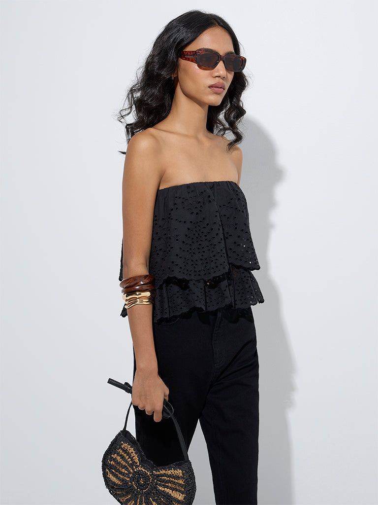 westisde LOV Women's Black Schiffli Design Cotton Top for Casual Wear Front View