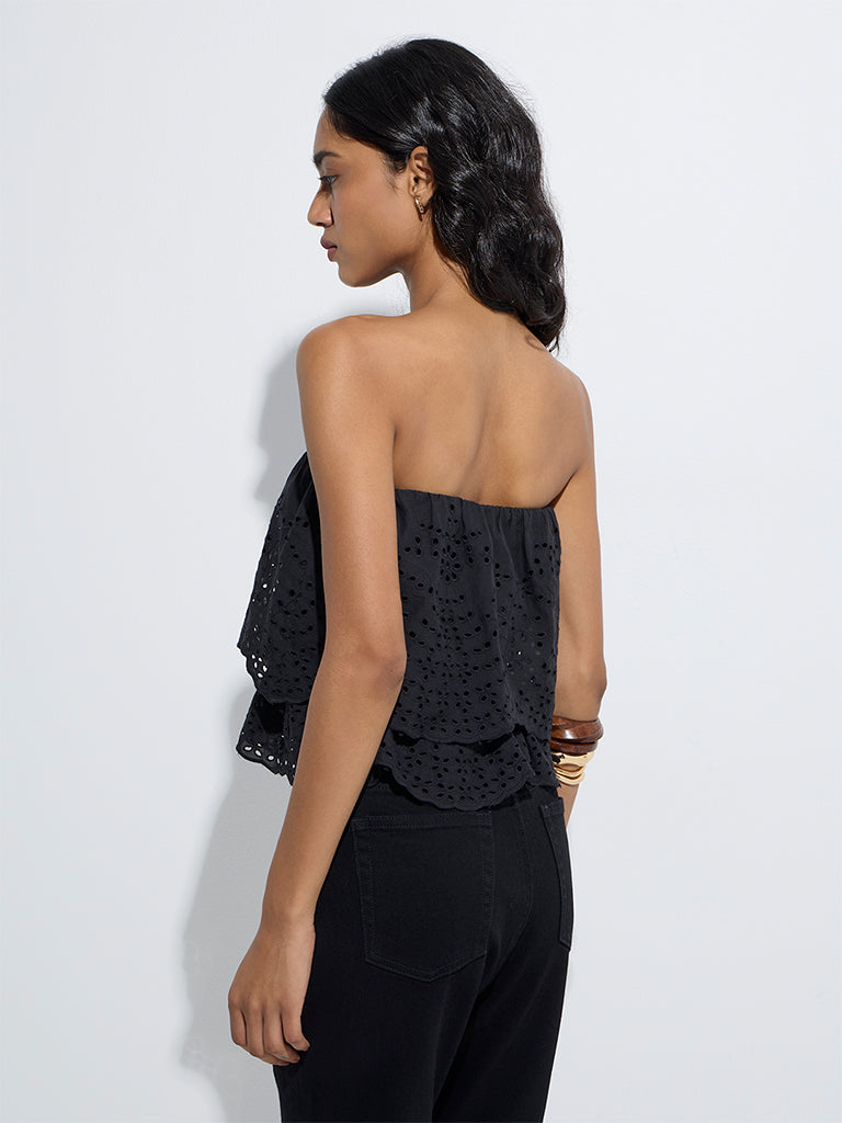 westisde LOV Women's Black Schiffli Design Cotton Top for Casual Wear Back View