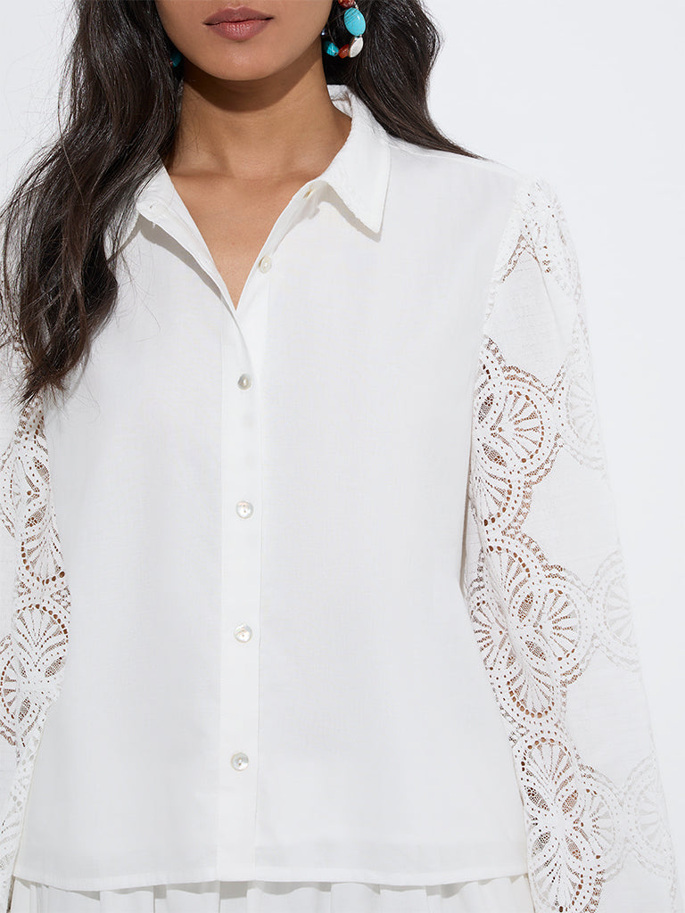 westisde LOV Women's White Lace-Detailed Cotton Shirt for Casual Wear Zoom View