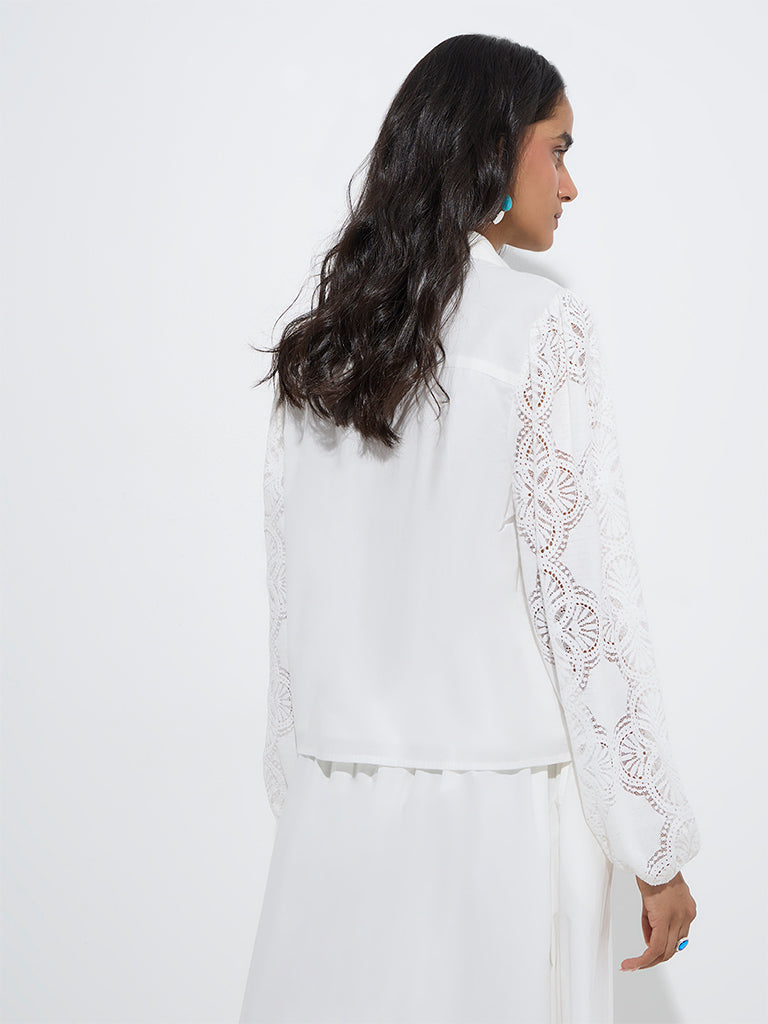 westisde LOV Women's White Lace-Detailed Cotton Shirt for Casual Wear Back View