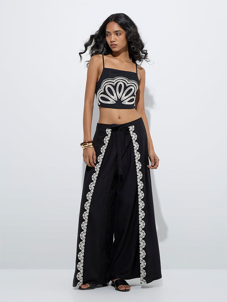 LOV Black Embroidered Crop Top
