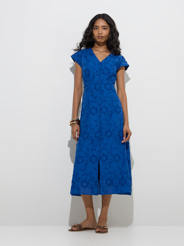 LOV Blue Floral Design Cotton A-Line Dress