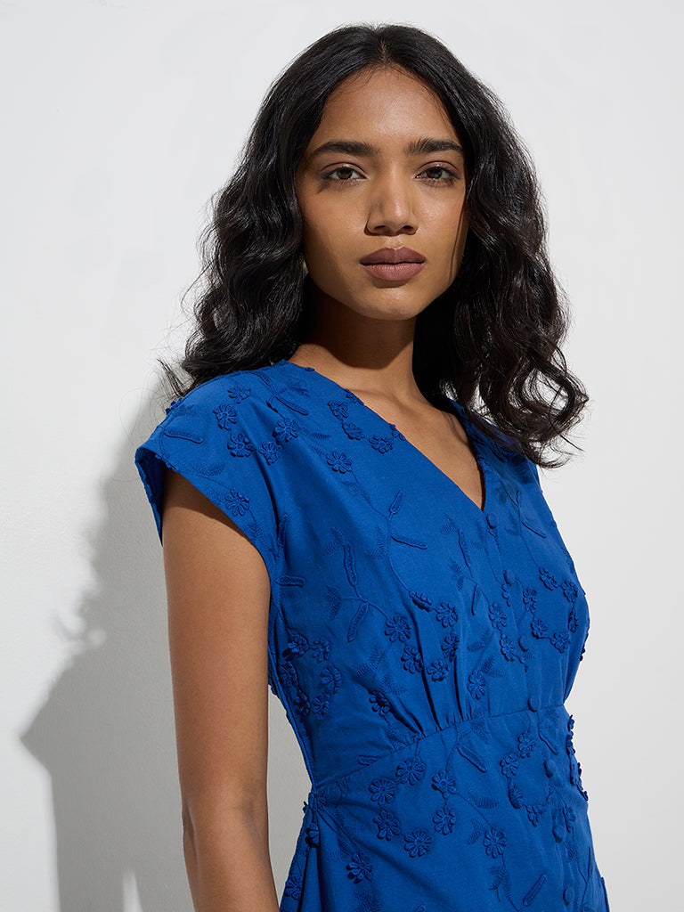 LOV Blue Floral Design Cotton A-Line Dress
