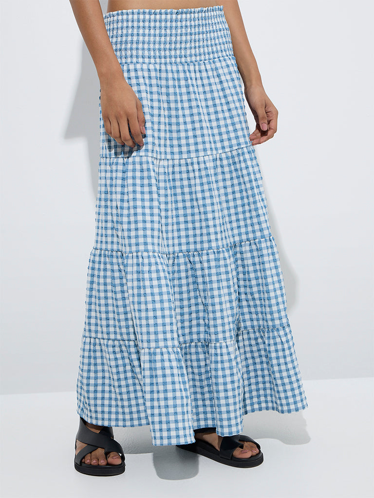 LOV Blue Gingham Checkered Cotton Tiered Skirt