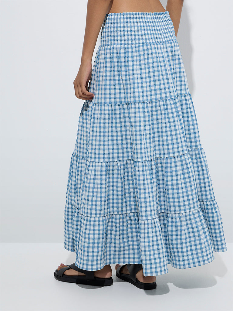 LOV Blue Gingham Checkered Cotton Tiered Skirt
