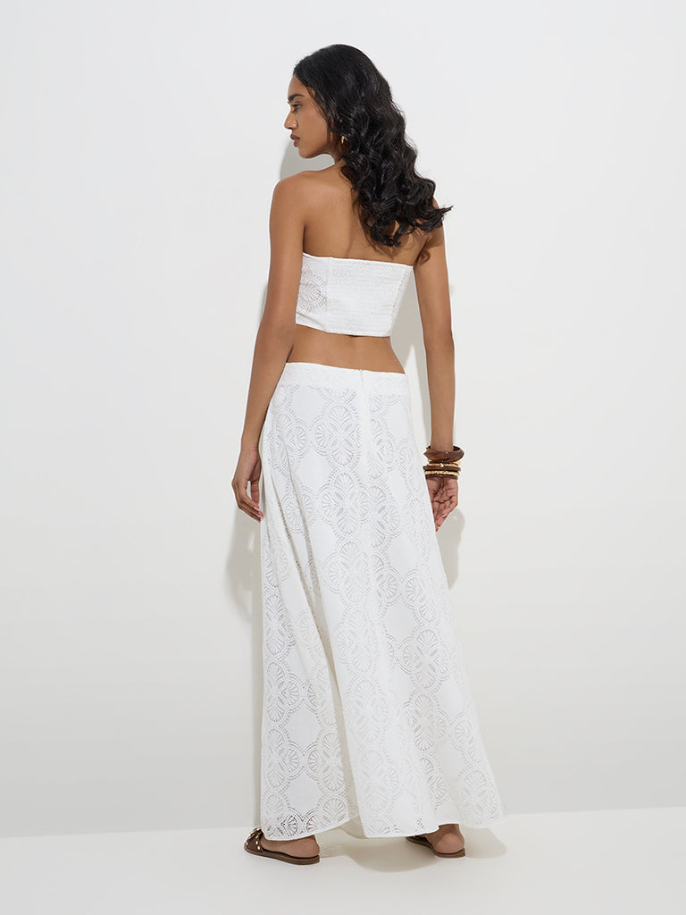 westisde LOV Women's White Lace-Detailed Mid-Rise Cotton Skirt for Casual Wear Back View