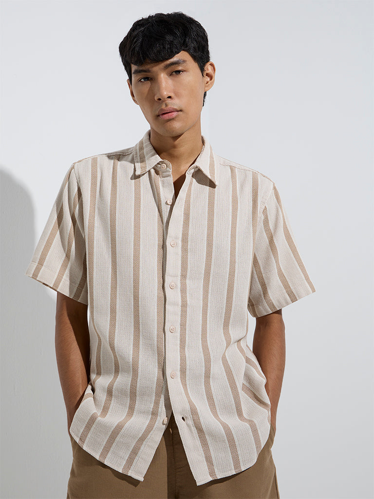 westisde ETA Men's Beige Stripe Printed Relaxed-Fit Cotton Shirt for Casual Wear Front View