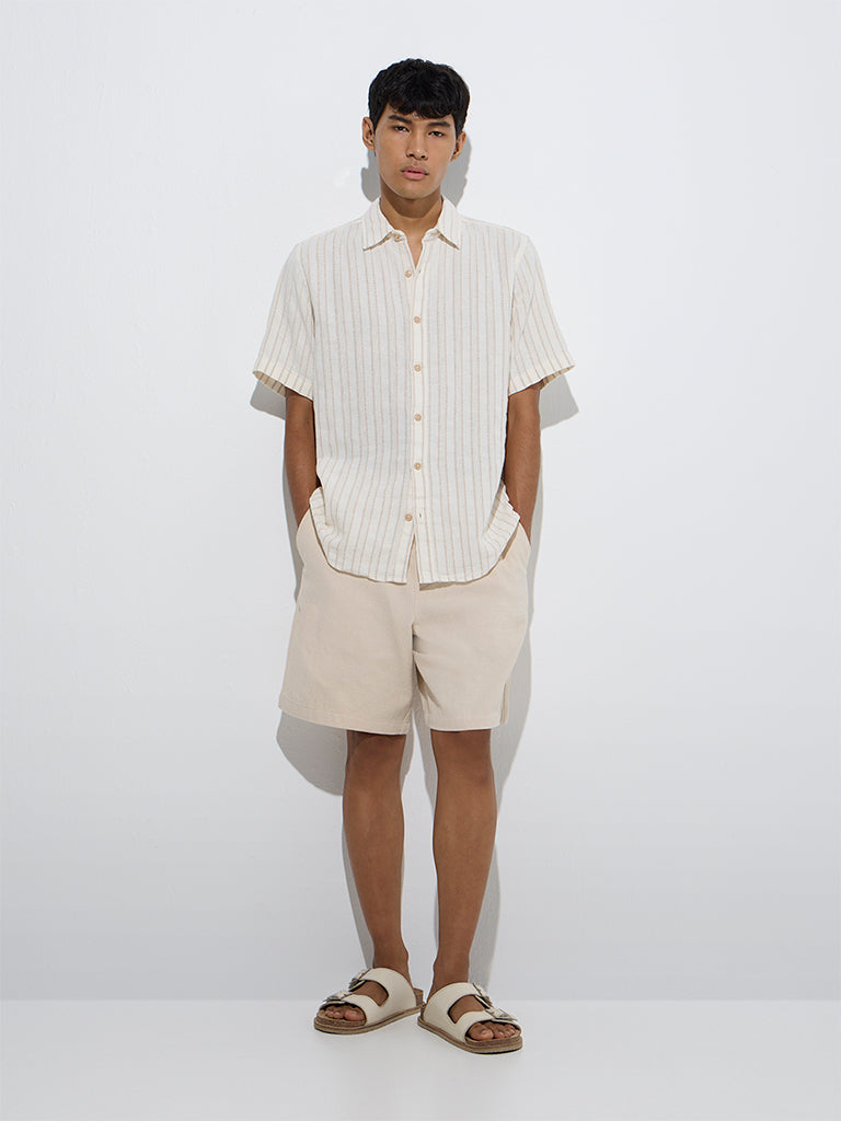 westisde ETA Men's Off-White Stripe Pattern Relaxed-Fit Cotton Shirt for Casual Wear Full Model View