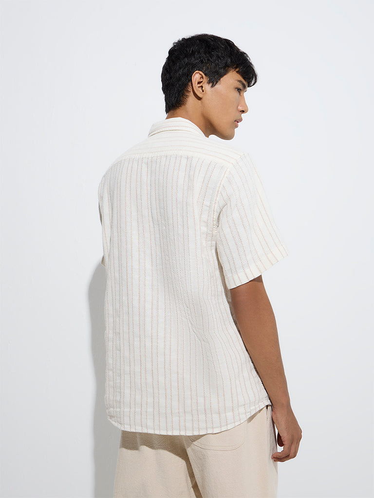 westisde ETA Men's Off-White Stripe Pattern Relaxed-Fit Cotton Shirt for Casual Wear Back View