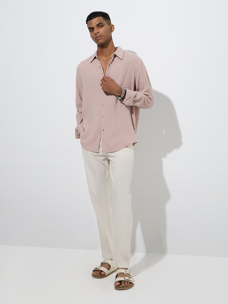 Westside ETA Men's Dusty Pink Crinkled-Textured Relaxed-Fit Cotton Shirt for Casual Wear Full Model View