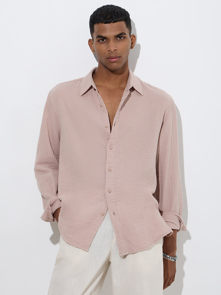Westside ETA Men's Dusty Pink Crinkled-Textured Relaxed-Fit Cotton Shirt for Casual Wear Front View