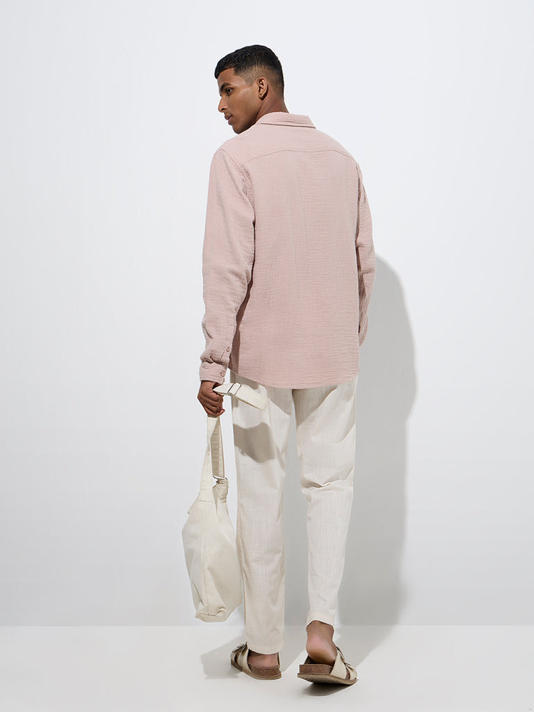 Westside ETA Men's Dusty Pink Crinkled-Textured Relaxed-Fit Cotton Shirt for Casual Wear Back View
