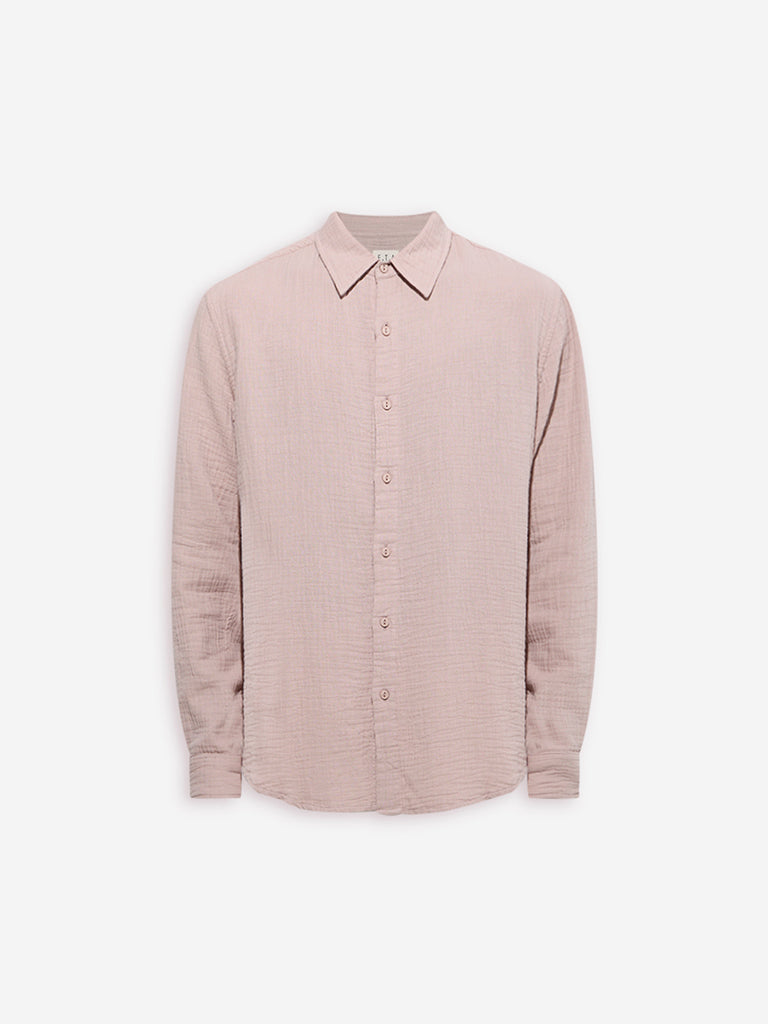 Westside ETA Men's Dusty Pink Crinkled-Textured Relaxed-Fit Cotton Shirt for Casual Wear Flatly View