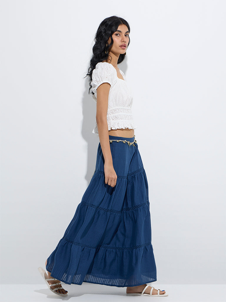 westisde Bombay Paisley Women's Indigo Tiered Cotton Skirt for Everyday Full Model View
