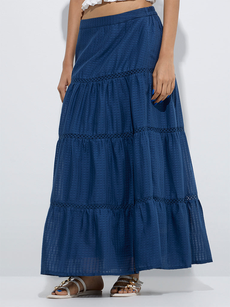 westisde Bombay Paisley Women's Indigo Tiered Cotton Skirt for Everyday Front View