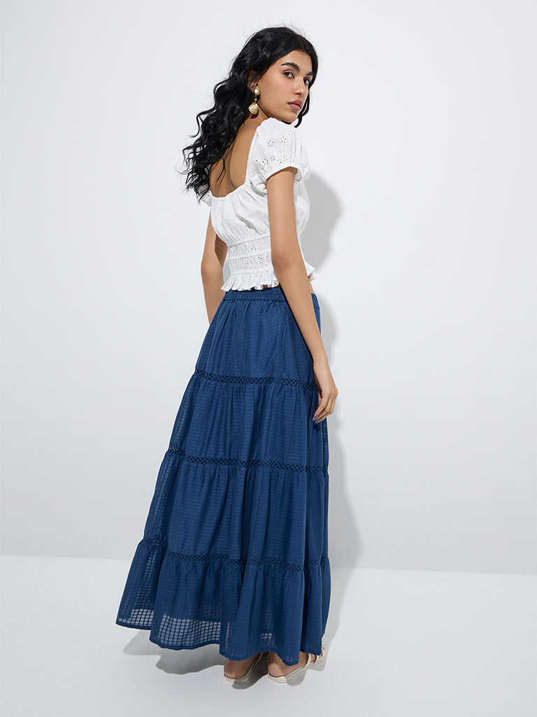 westisde Bombay Paisley Women's Indigo Tiered Cotton Skirt for Everyday Back View