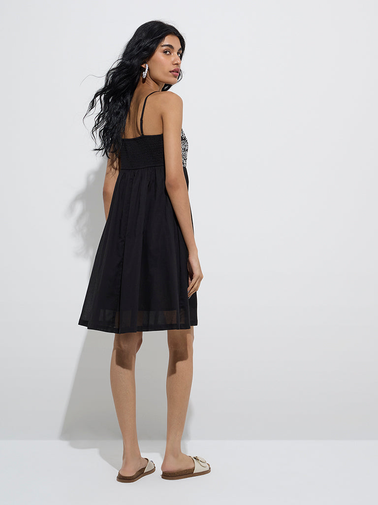 Bombay Paisley Black Floral Design Cotton A-Line Dress
