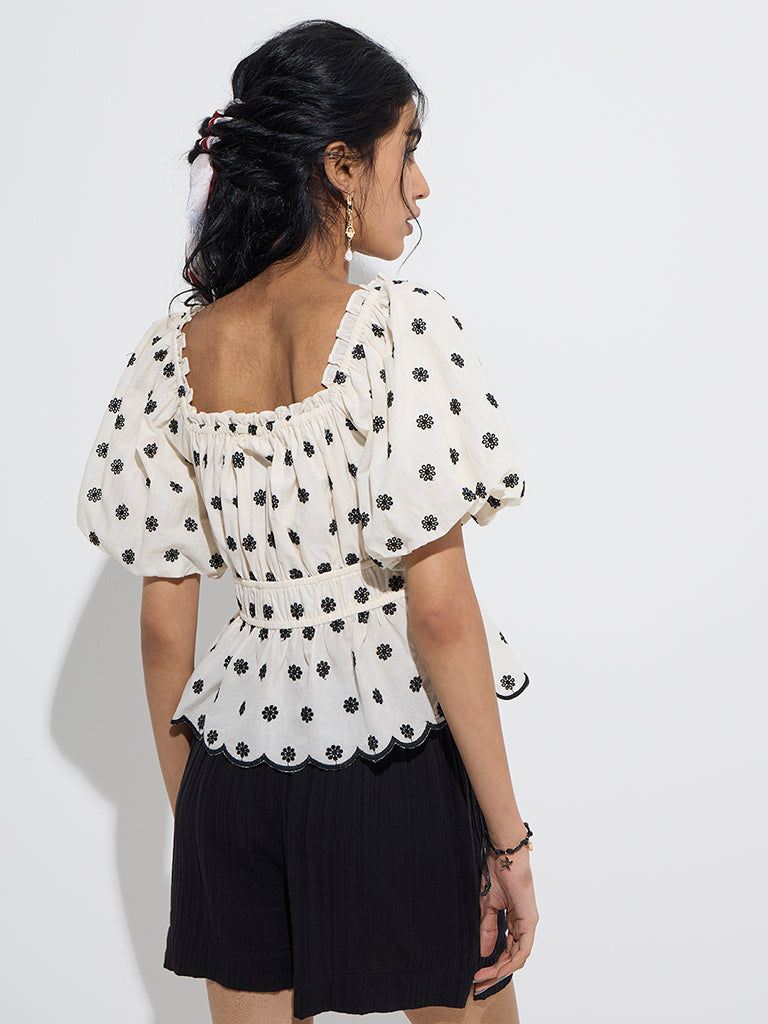 Bombay Paisley Off-White Floral Cotton Peplum Top