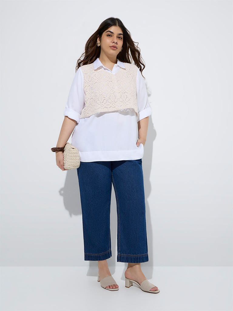 westisde Gia Women's White Crochet-Detailed Blouse for Casual Wear Full Model View