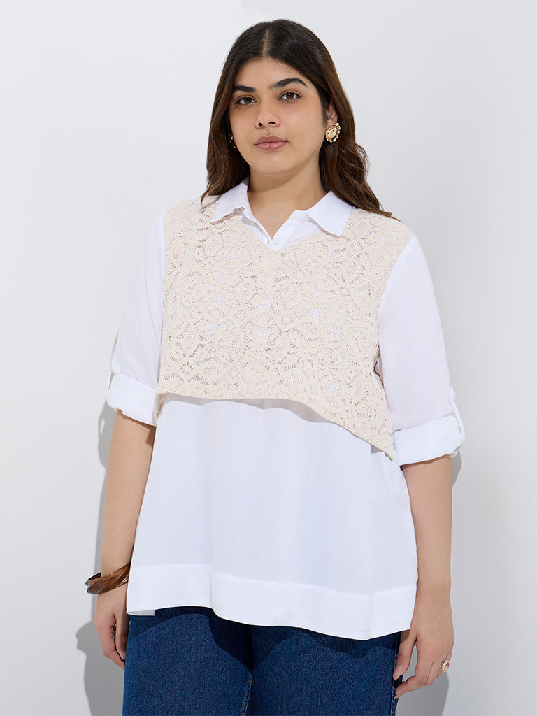 westisde Gia Women's White Crochet-Detailed Blouse for Casual Wear Front View