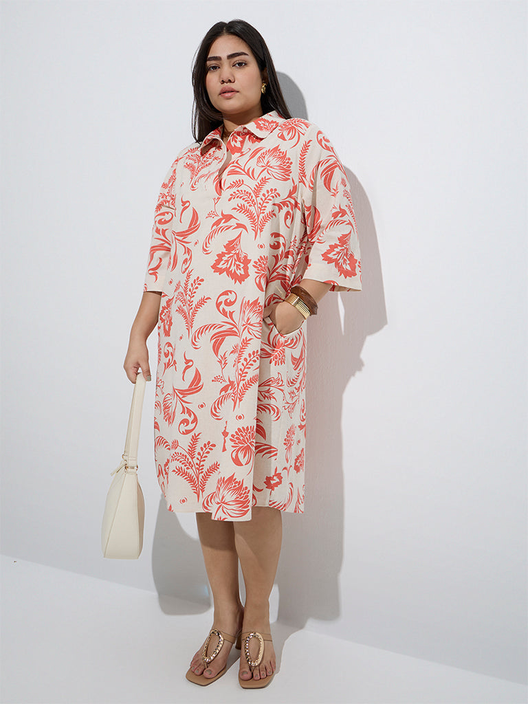 Gia Coral Floral Pattern Cotton-Blend Shirt Dress