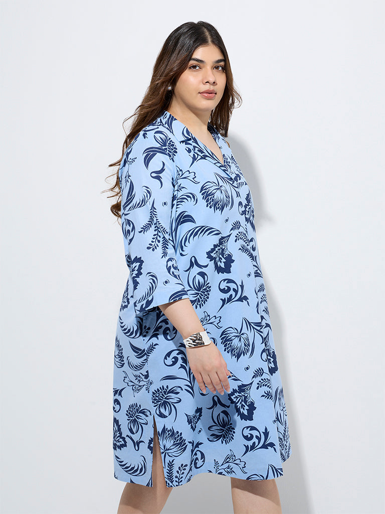 Gia Blue Floral Design Cotton-Blend A-Line Dress
