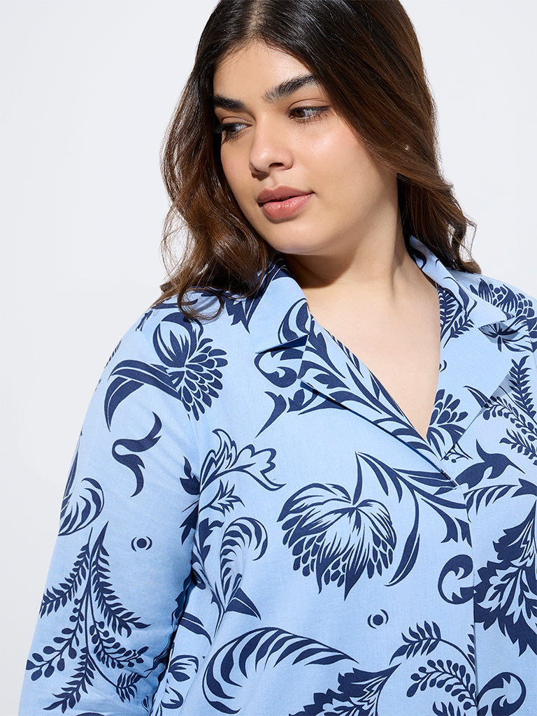 Gia Blue Floral Design Cotton-Blend A-Line Dress
