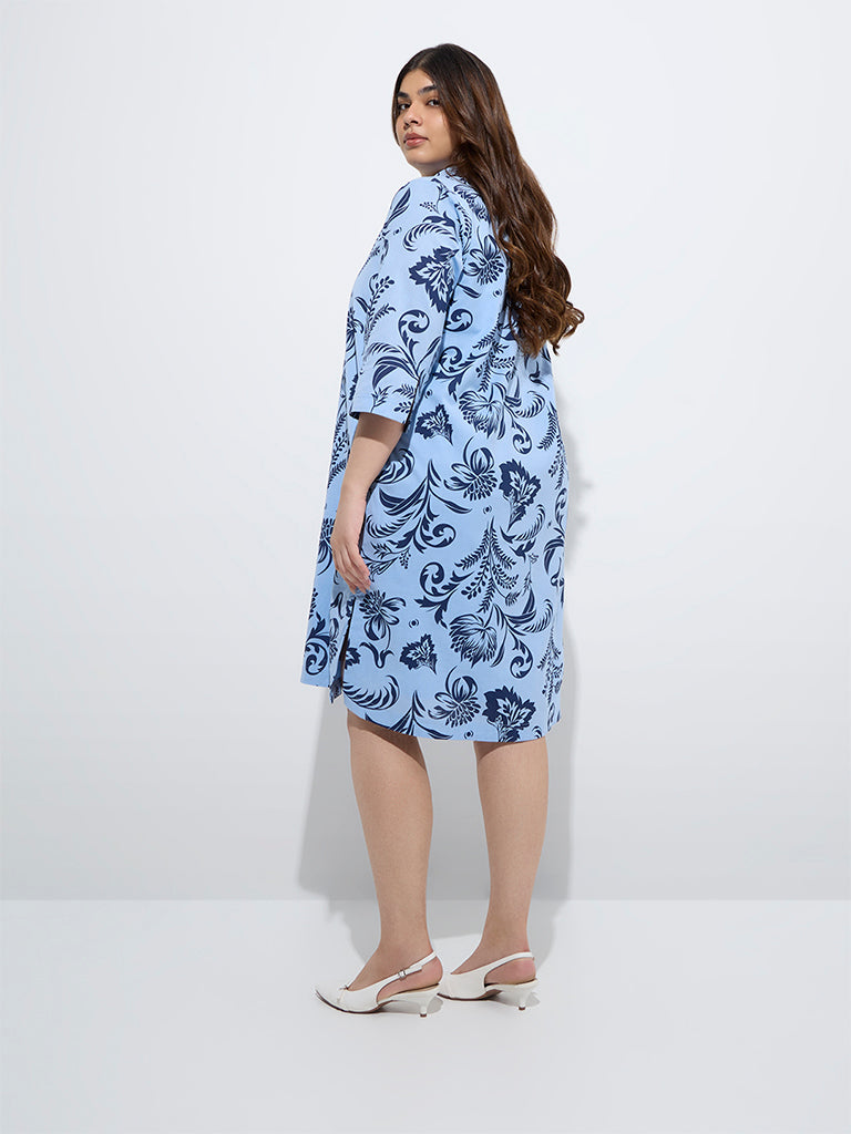 Gia Blue Floral Design Cotton-Blend A-Line Dress