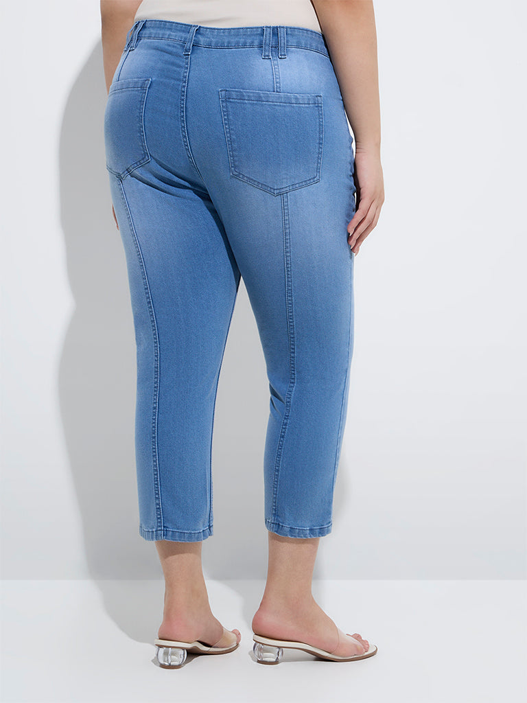 westisde Gia Women's Blue Faded Relaxed-Fit Mid-Rise Capri Jeans for Casual Wear Back View