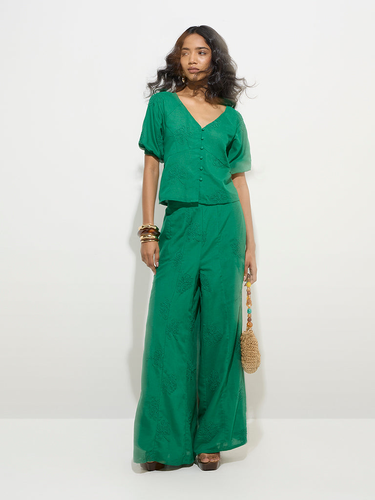 LOV Green Floral Embroidered Top