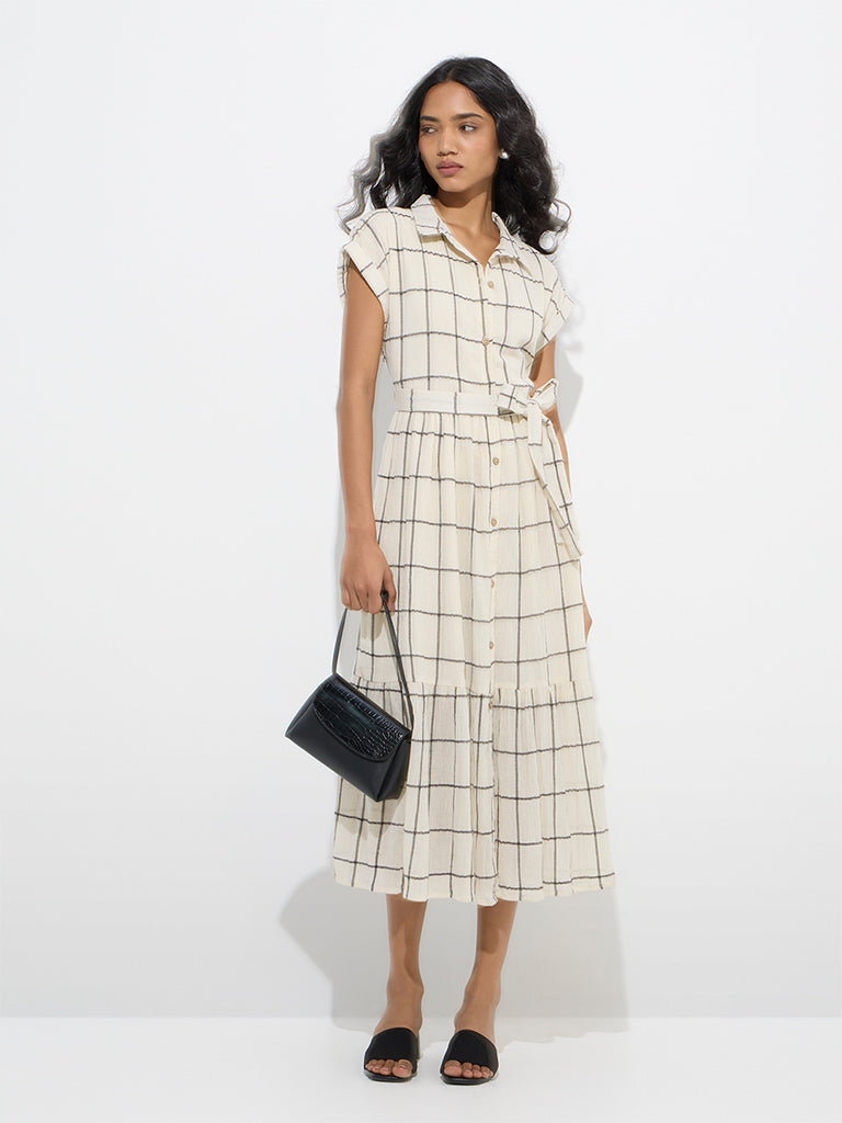 LOV Off-White Checkered Shirt Dress with Belt