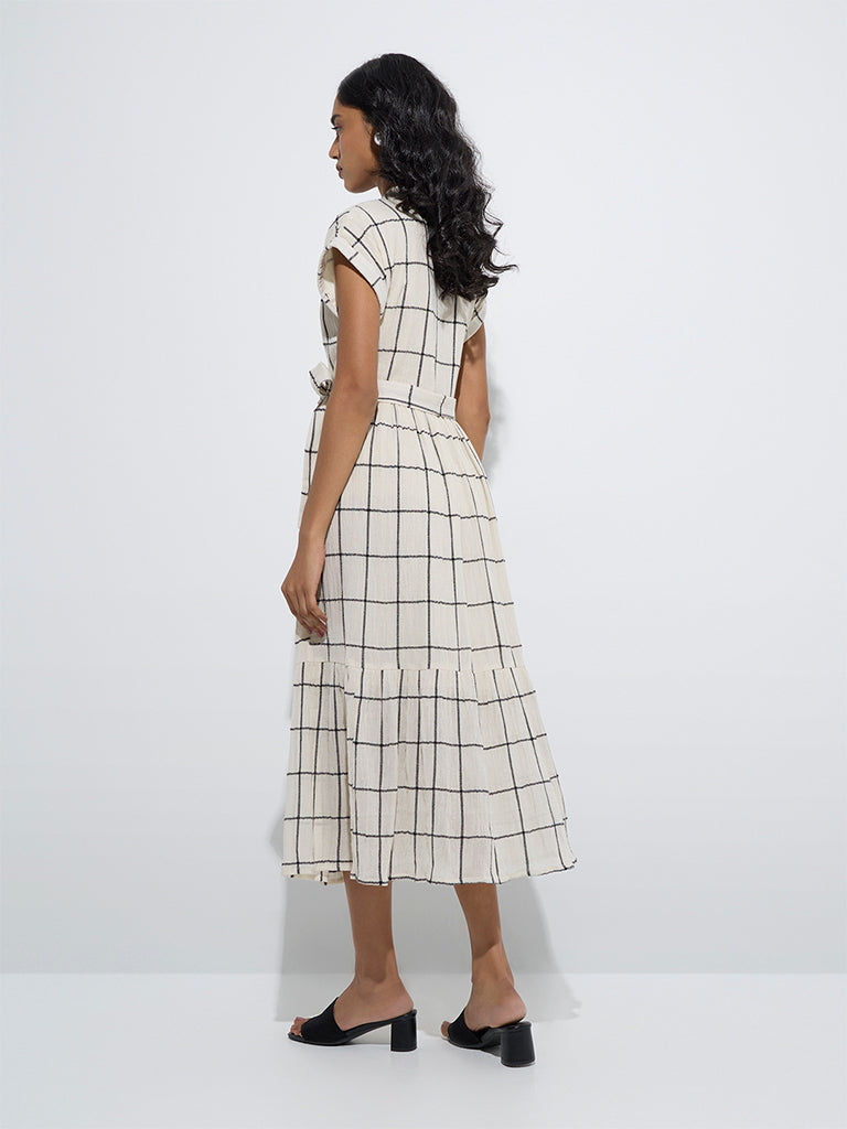 LOV Off-White Checkered Shirt Dress with Belt