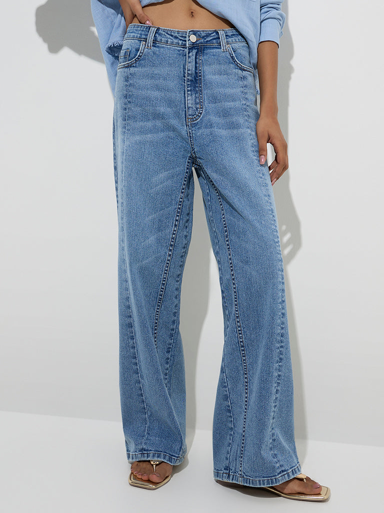 westisde LOV Women's Blue Faded Relaxed-Fit Mid-Rise Jeans for Casual Wear Front View