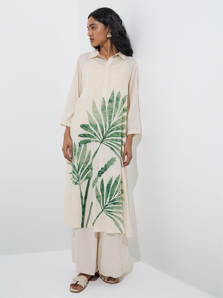 Utsa Off-White Leaf Design A-Line Kurta