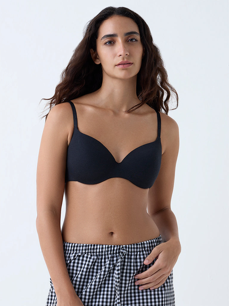 Wunderlove Black Underwired Cotton-Blend Bra